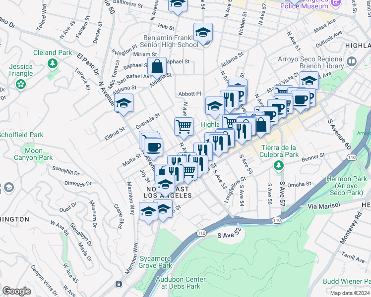 map of restaurants, bars, coffee shops, grocery stores, and more near in Los Angeles