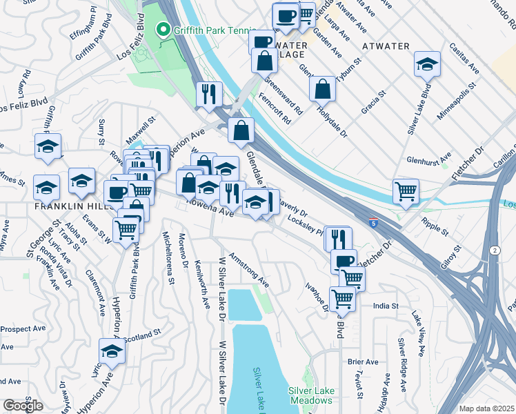 map of restaurants, bars, coffee shops, grocery stores, and more near 2818 1/2 Waverly Drive in Los Angeles