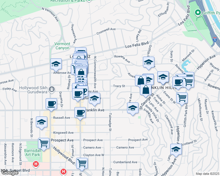 map of restaurants, bars, coffee shops, grocery stores, and more near 4217 Tracy Street in Los Angeles
