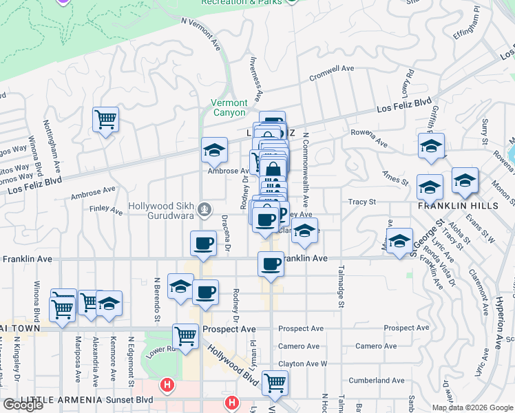 map of restaurants, bars, coffee shops, grocery stores, and more near 2028 Rodney Drive in Los Angeles