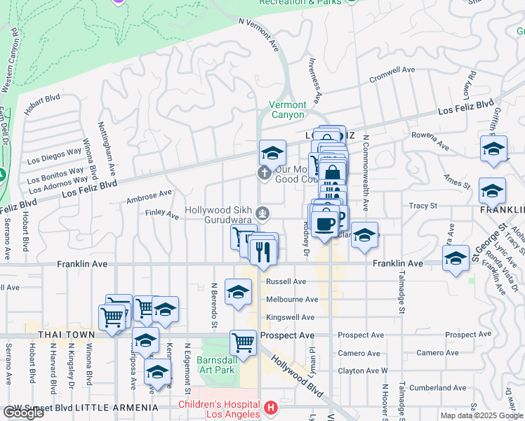 map of restaurants, bars, coffee shops, grocery stores, and more near 2030 North Vermont Avenue in Los Angeles