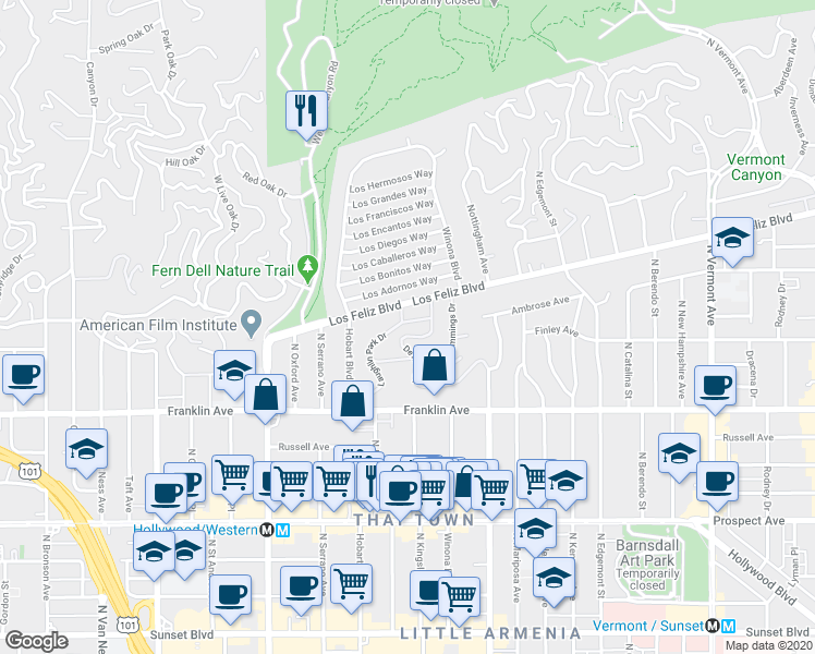 map of restaurants, bars, coffee shops, grocery stores, and more near 5222 Los Feliz Boulevard in Los Angeles