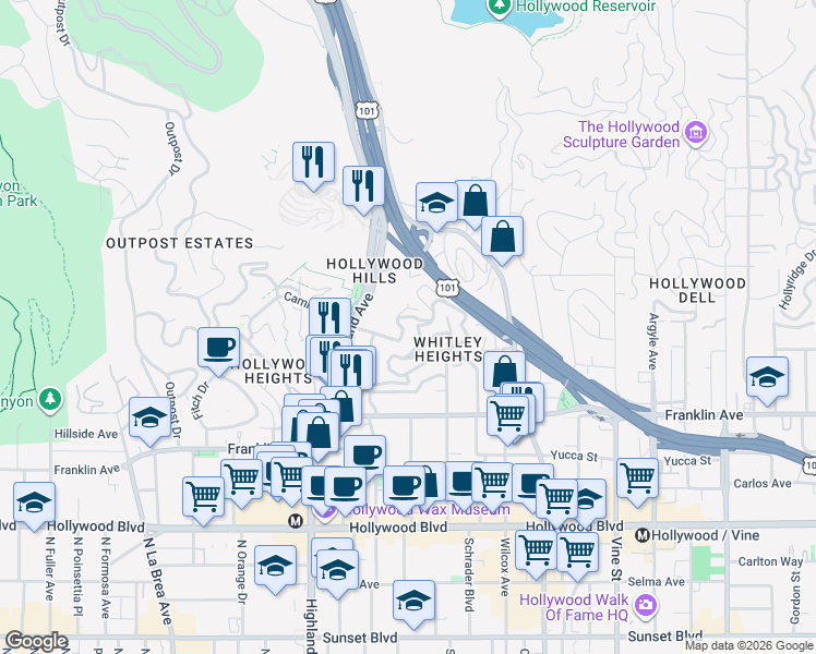map of restaurants, bars, coffee shops, grocery stores, and more near 6727 Milner Road in Los Angeles