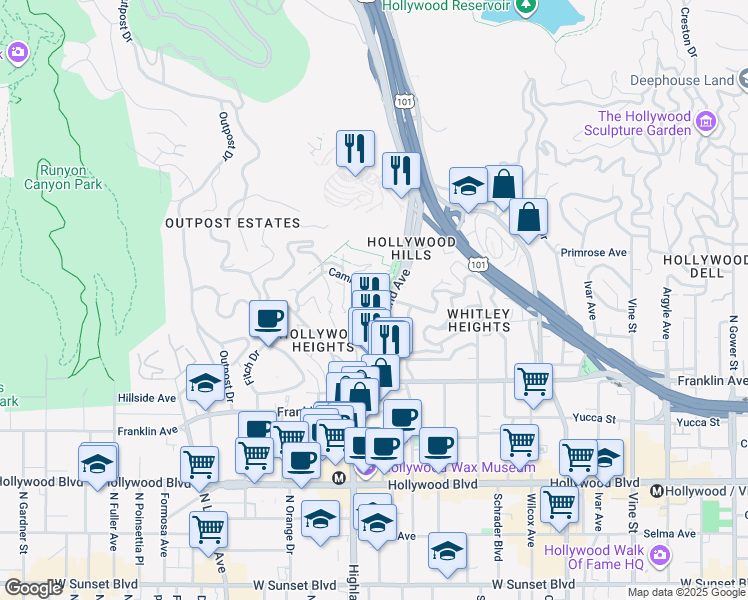 map of restaurants, bars, coffee shops, grocery stores, and more near 6830 Camrose Drive in Los Angeles