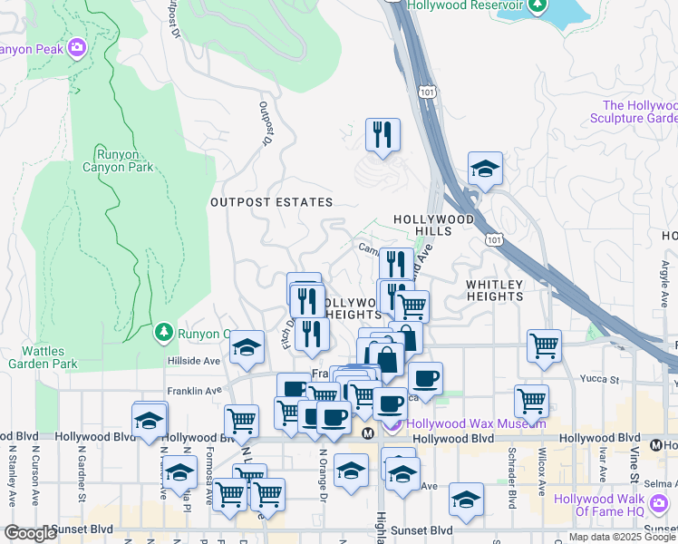 map of restaurants, bars, coffee shops, grocery stores, and more near 6933 Camrose Drive in Los Angeles