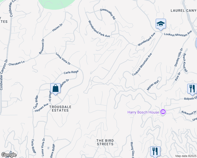 map of restaurants, bars, coffee shops, grocery stores, and more near 8965 Wonderland Avenue in Los Angeles