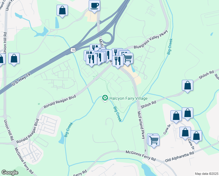 map of restaurants, bars, coffee shops, grocery stores, and more near 6320 Halcyon Garden Drive in Alpharetta