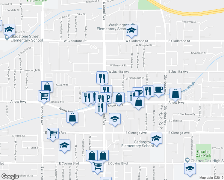 map of restaurants, bars, coffee shops, grocery stores, and more near 433 Fleetwood Place in Glendora