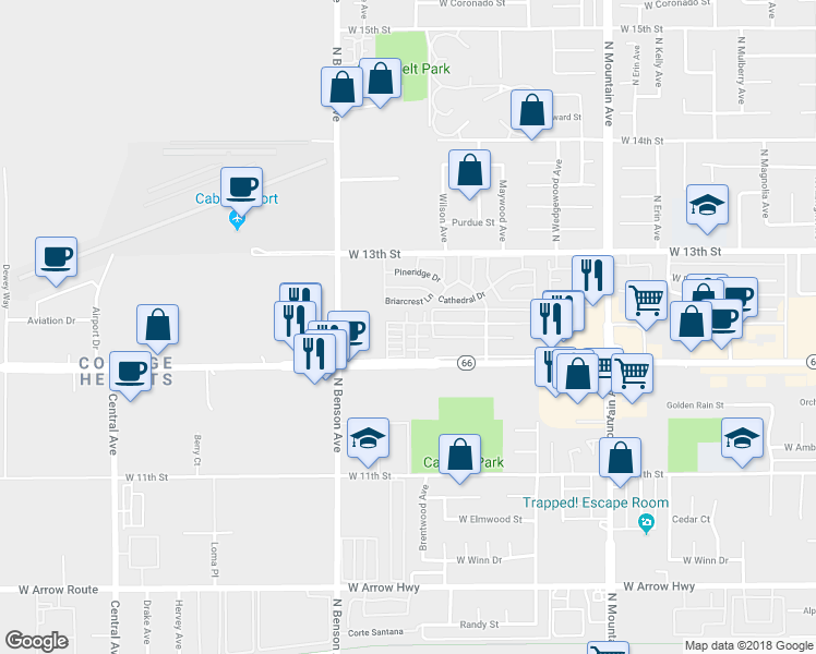 map of restaurants, bars, coffee shops, grocery stores, and more near 1500 Springfield Way in Upland