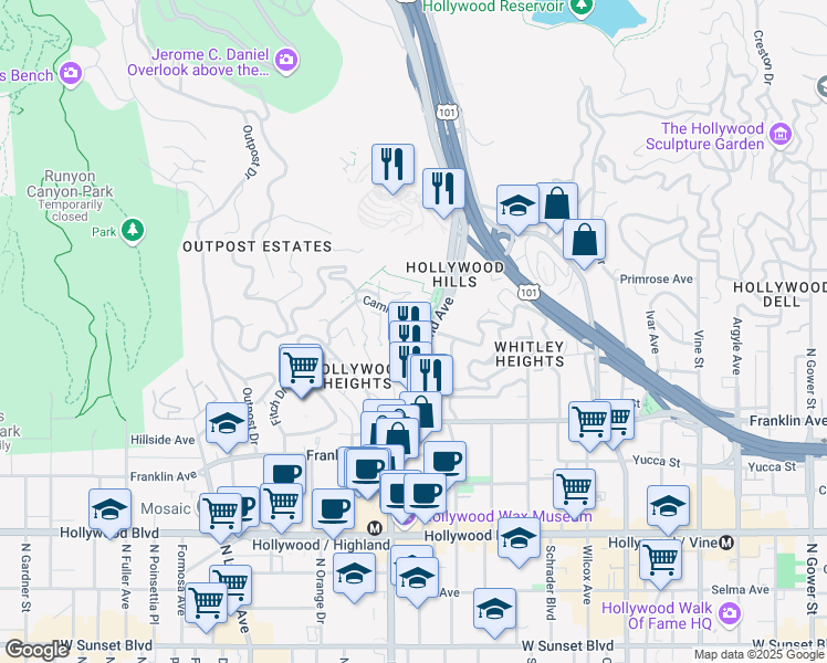 map of restaurants, bars, coffee shops, grocery stores, and more near 2051 Highland Avenue in Los Angeles