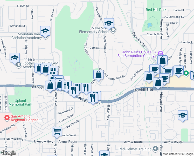 map of restaurants, bars, coffee shops, grocery stores, and more near 8410 Calle Carabe Place in Rancho Cucamonga