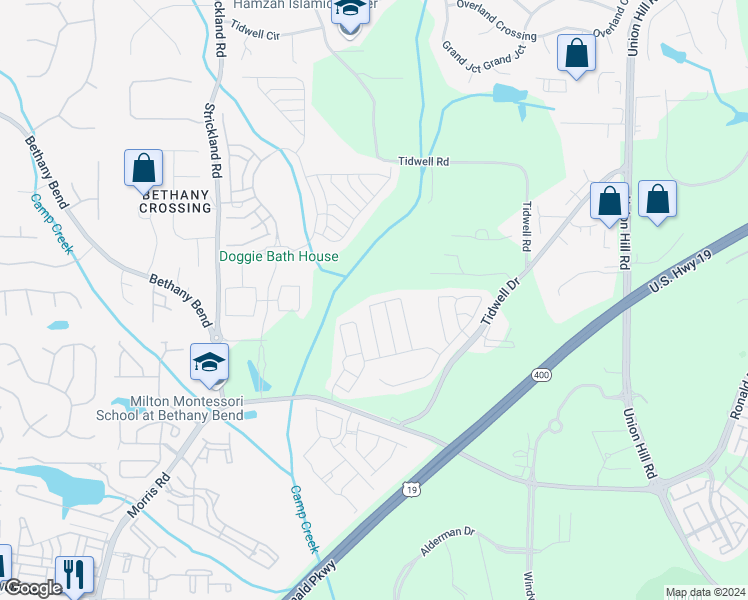 map of restaurants, bars, coffee shops, grocery stores, and more near 1018 Prestwyck Court in Alpharetta