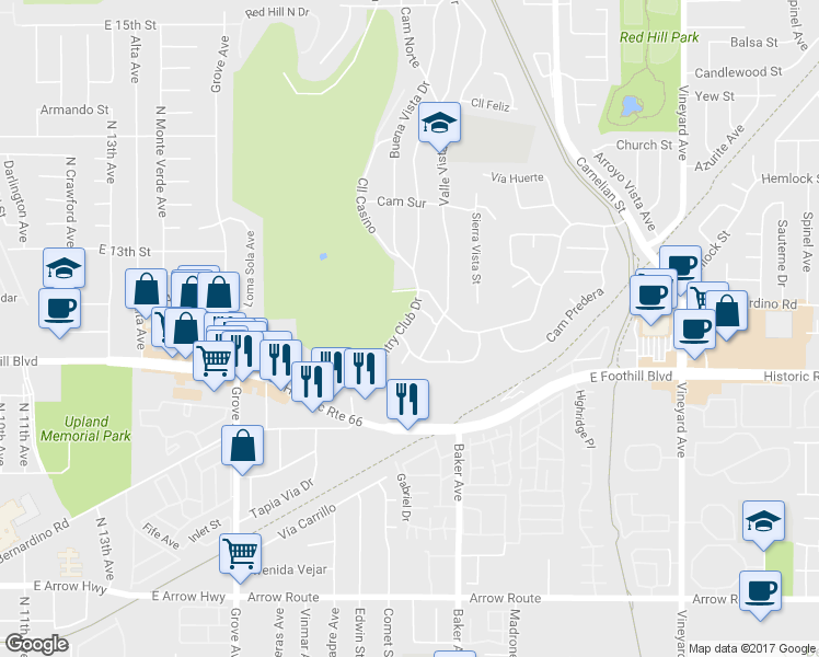 map of restaurants, bars, coffee shops, grocery stores, and more near 8410 Calle Carabe Place in Rancho Cucamonga