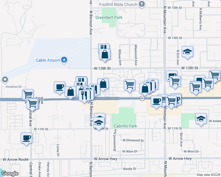 map of restaurants, bars, coffee shops, grocery stores, and more near 1500 Springfield Way in Upland