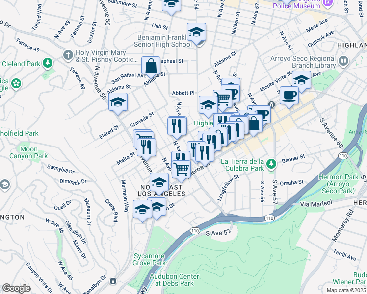 map of restaurants, bars, coffee shops, grocery stores, and more near 221 North Avenue 52 in Los Angeles