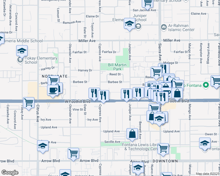 map of restaurants, bars, coffee shops, grocery stores, and more near 16558 Paine Street in Fontana