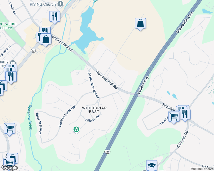 map of restaurants, bars, coffee shops, grocery stores, and more near 4355 Old Hamilton Mill Road in Buford