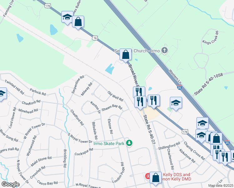 map of restaurants, bars, coffee shops, grocery stores, and more near 102 Old Well Road in Irmo