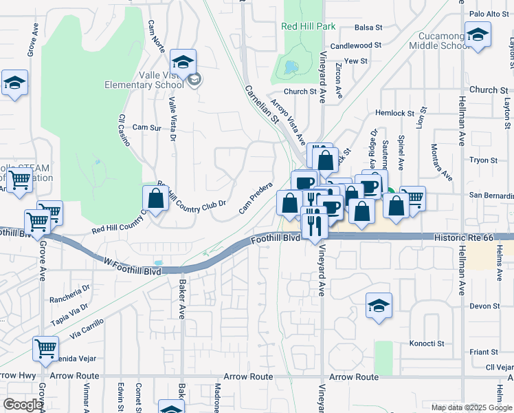 map of restaurants, bars, coffee shops, grocery stores, and more near Camino Predera in Rancho Cucamonga