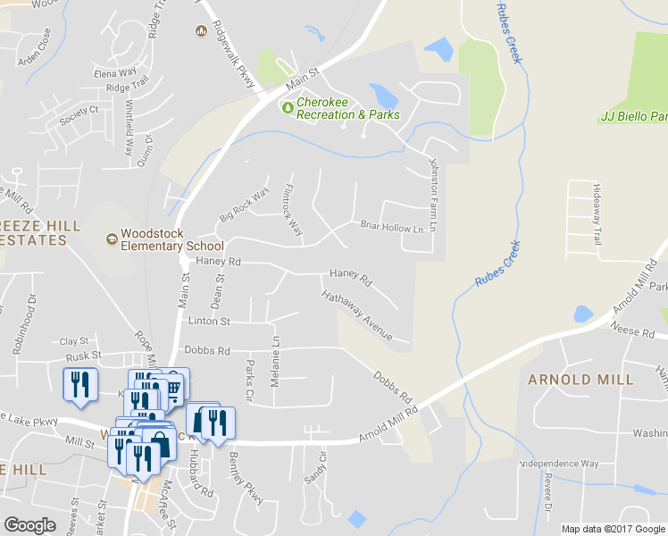 map of restaurants, bars, coffee shops, grocery stores, and more near 241 Haney Road in Woodstock
