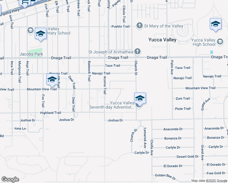 map of restaurants, bars, coffee shops, grocery stores, and more near 56148 Mountain View Trail in Yucca Valley