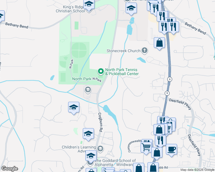 map of restaurants, bars, coffee shops, grocery stores, and more near 110 Cotton Easter Lane in Alpharetta