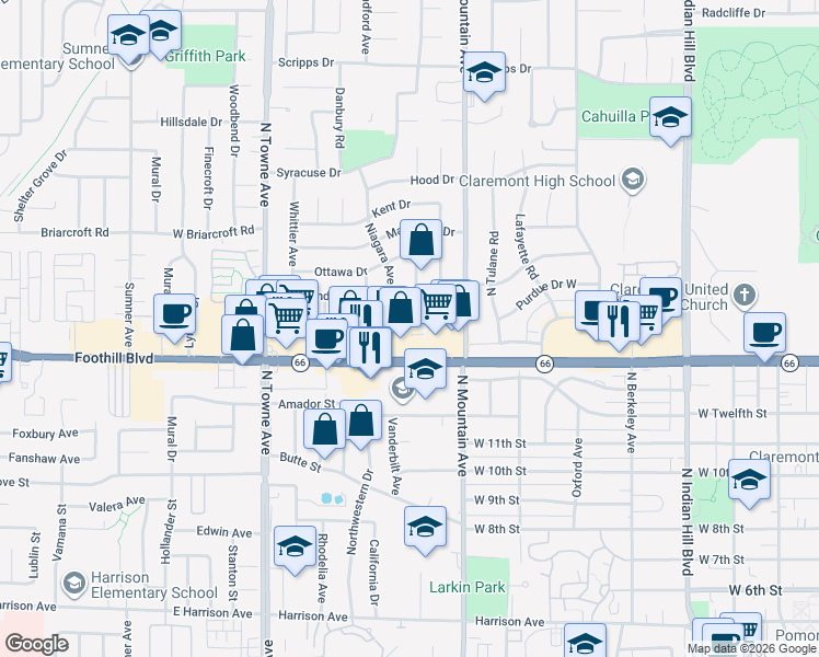 map of restaurants, bars, coffee shops, grocery stores, and more near 860 Reed Drive West in Claremont