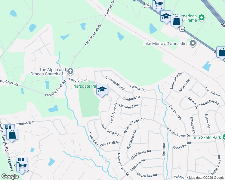 map of restaurants, bars, coffee shops, grocery stores, and more near 1435 Chadford Road in Irmo