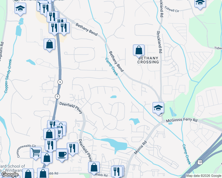map of restaurants, bars, coffee shops, grocery stores, and more near 3255 Sonata Lane in Alpharetta