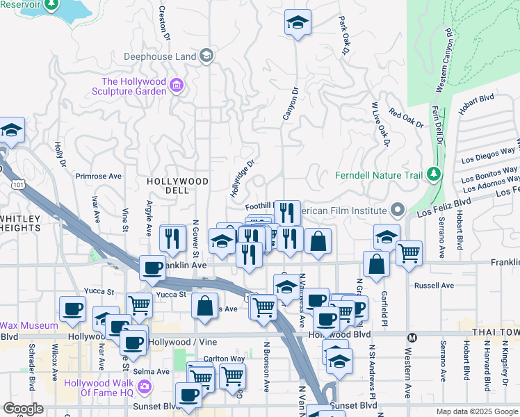 map of restaurants, bars, coffee shops, grocery stores, and more near 5906 Foothill Drive in Los Angeles