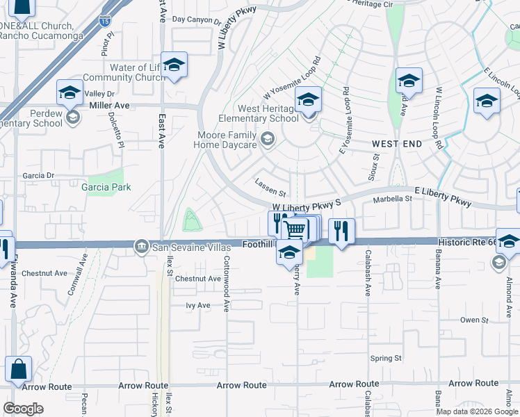 map of restaurants, bars, coffee shops, grocery stores, and more near 13584 Sutter Court in Fontana