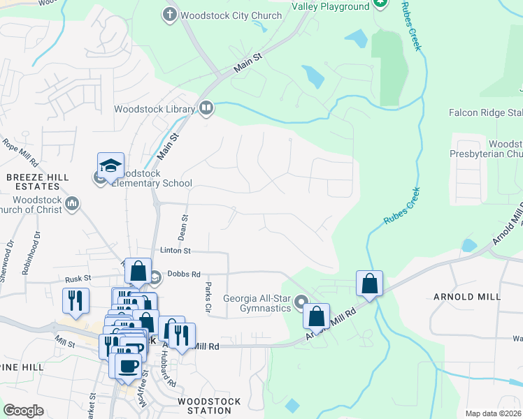 map of restaurants, bars, coffee shops, grocery stores, and more near 235 Haney Road in Woodstock
