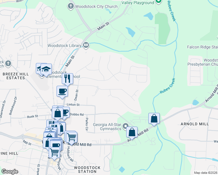 map of restaurants, bars, coffee shops, grocery stores, and more near 126 Windfields Lane in Woodstock