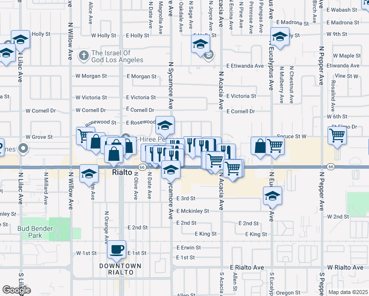 map of restaurants, bars, coffee shops, grocery stores, and more near 450 North Sage Avenue in Rialto