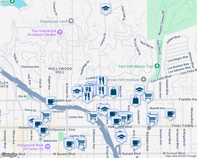 map of restaurants, bars, coffee shops, grocery stores, and more near 2027 Canyon Drive in Los Angeles