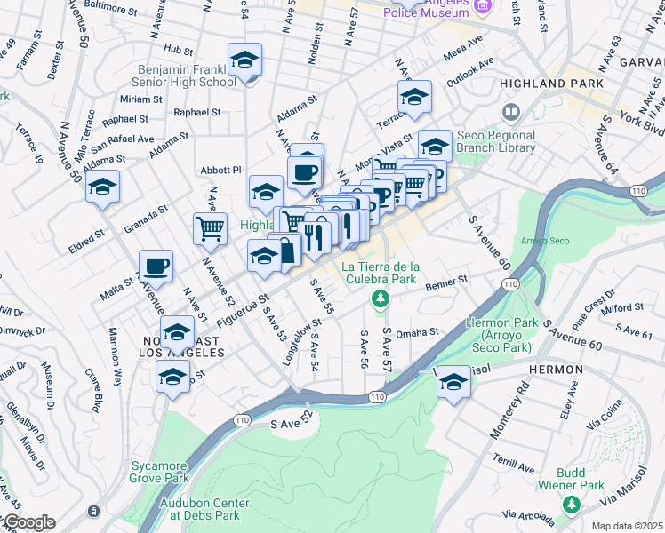 map of restaurants, bars, coffee shops, grocery stores, and more near 5503 North Figueroa Street in Los Angeles
