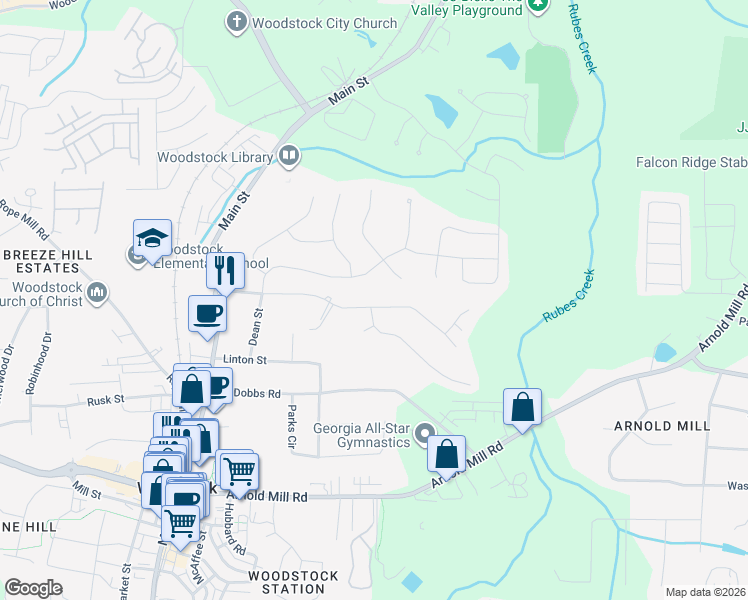 map of restaurants, bars, coffee shops, grocery stores, and more near 126 Windfields Lane in Woodstock
