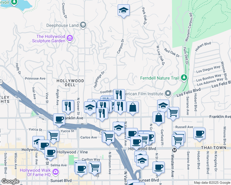 map of restaurants, bars, coffee shops, grocery stores, and more near 5850 Foothill Drive in Los Angeles