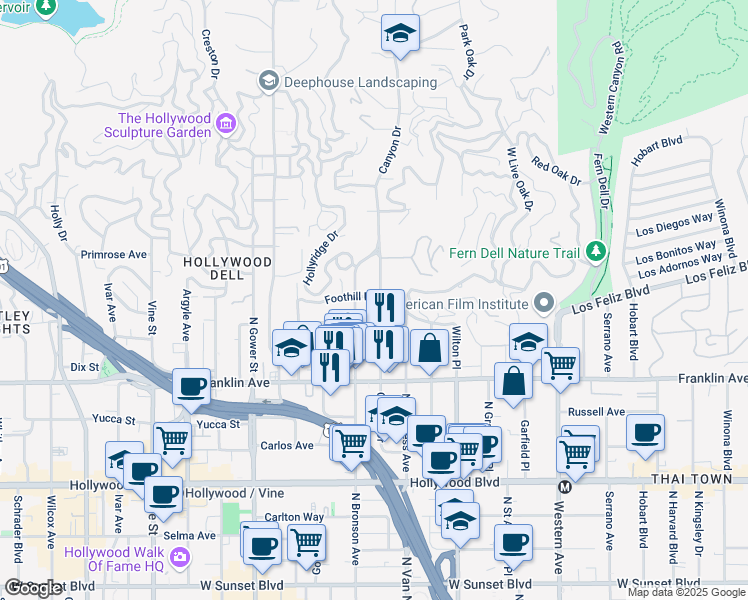 map of restaurants, bars, coffee shops, grocery stores, and more near 5850 Foothill Drive in Los Angeles