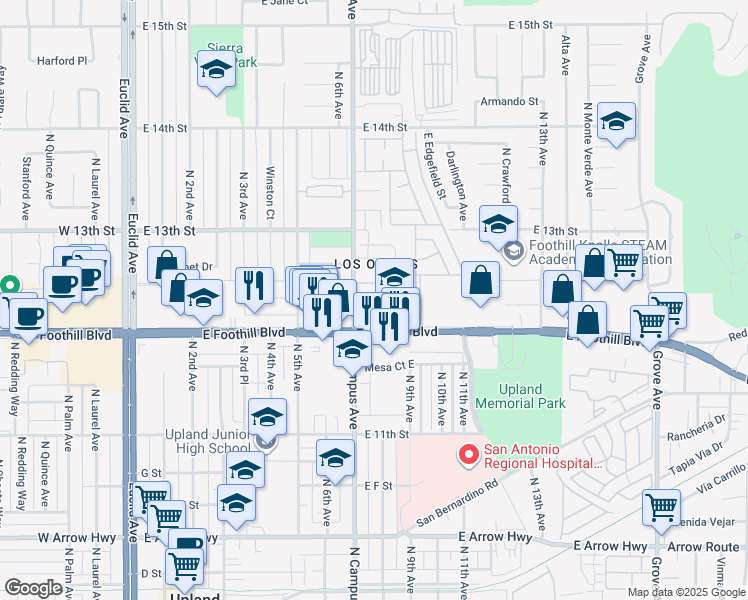 map of restaurants, bars, coffee shops, grocery stores, and more near 769 Valadez Street in Upland