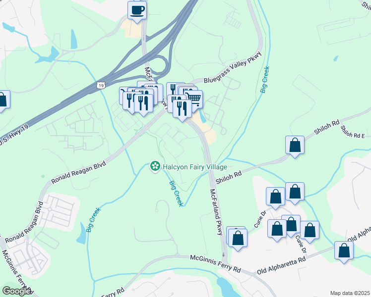 map of restaurants, bars, coffee shops, grocery stores, and more near 6895 Whitman Walk in Alpharetta