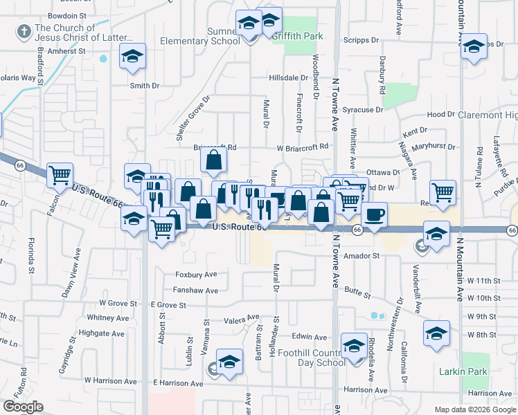 map of restaurants, bars, coffee shops, grocery stores, and more near 3636 Sumner Avenue in Pomona