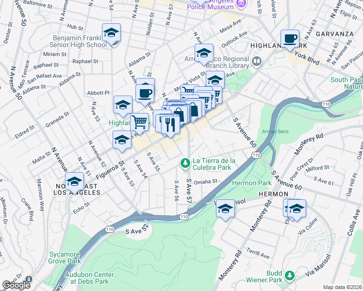 map of restaurants, bars, coffee shops, grocery stores, and more near 140 South Avenue 57 in Los Angeles