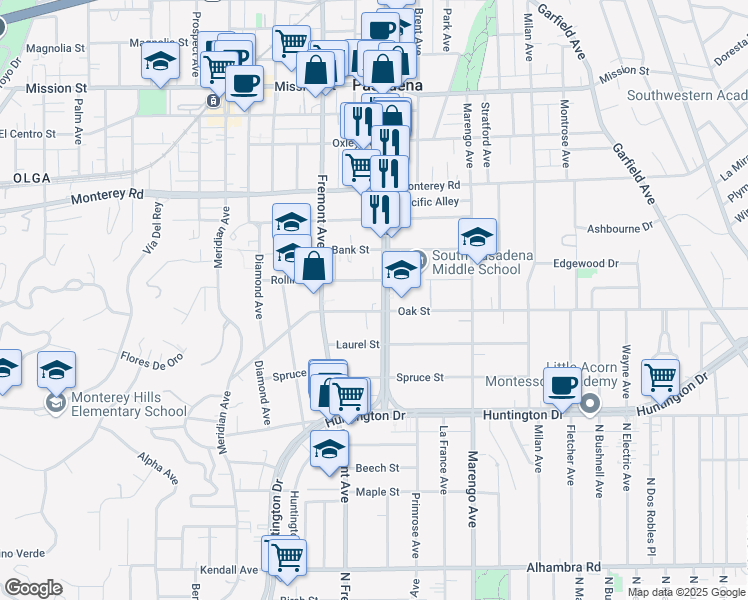 map of restaurants, bars, coffee shops, grocery stores, and more near in South Pasadena