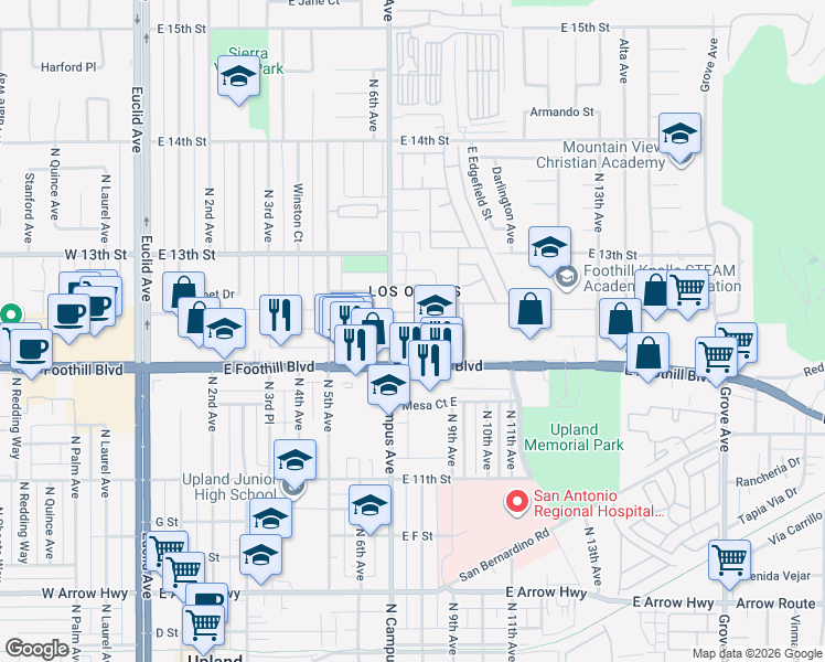map of restaurants, bars, coffee shops, grocery stores, and more near 769 Valadez Street in Upland