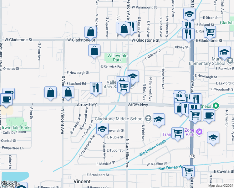 map of restaurants, bars, coffee shops, grocery stores, and more near 5238 North Roxburgh Avenue in Azusa
