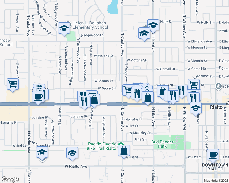 map of restaurants, bars, coffee shops, grocery stores, and more near 501 North Fillmore Avenue in Rialto