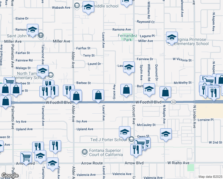 map of restaurants, bars, coffee shops, grocery stores, and more near 8009 Grace Avenue in Fontana
