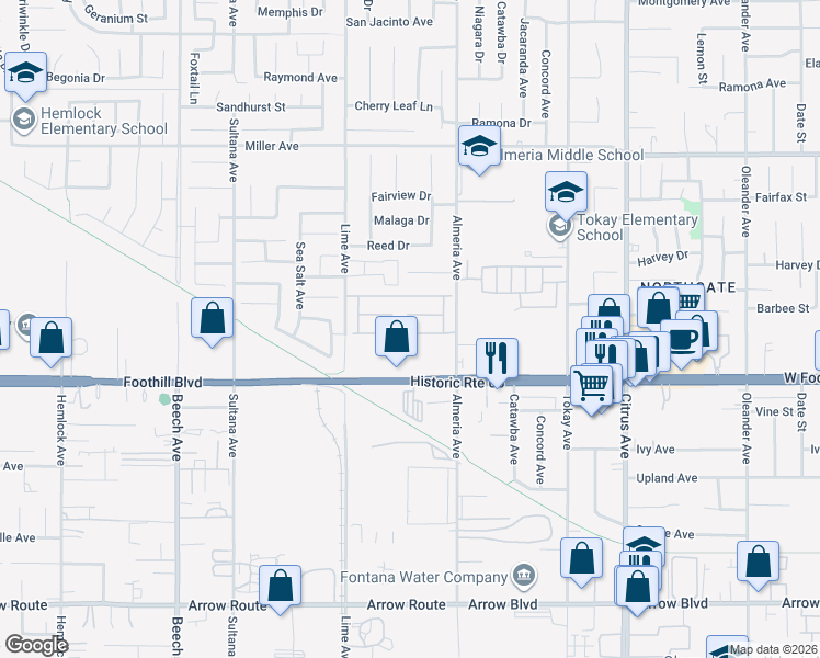map of restaurants, bars, coffee shops, grocery stores, and more near 15723 Barbee Street in Fontana