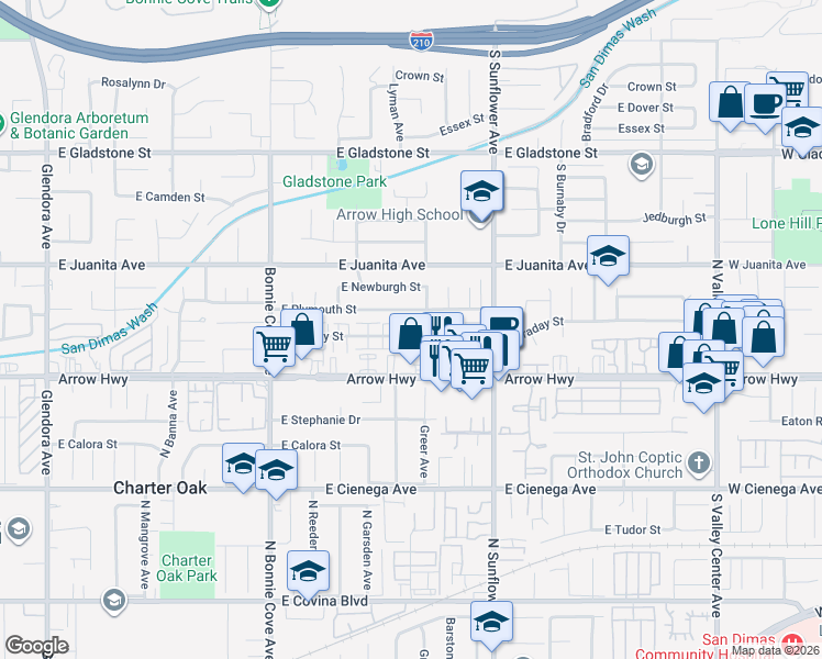 map of restaurants, bars, coffee shops, grocery stores, and more near 760 East Plymouth Street in Glendora